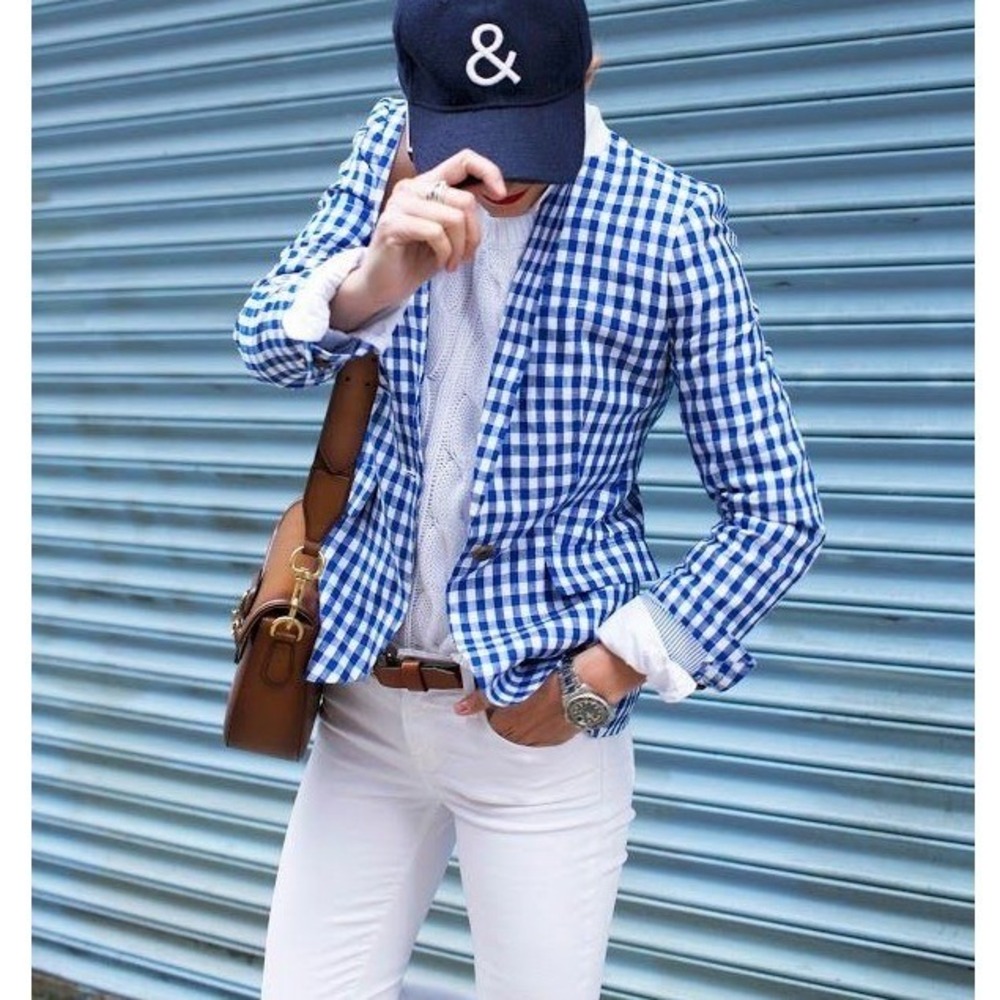 J.Crew Gingham Blazer Size 4 Blue White Check Single Button Preppy Coastal Chic